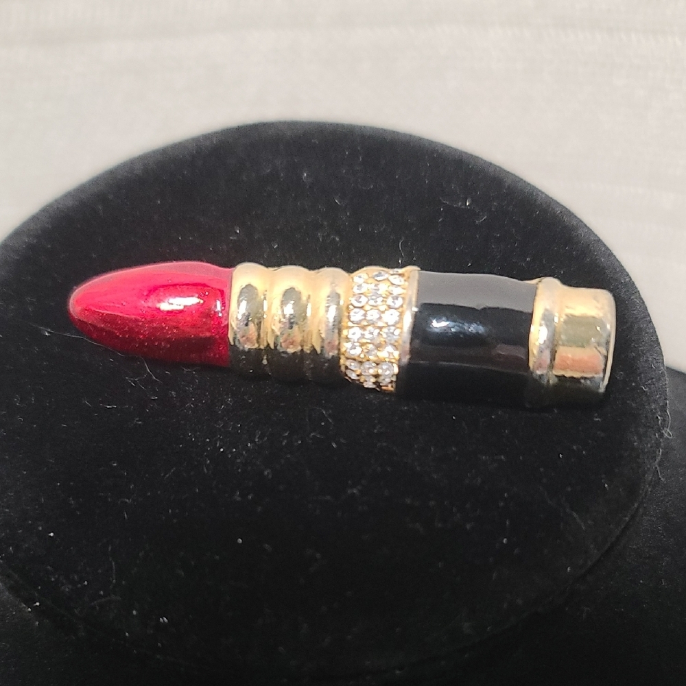 Elegant Vintage Red and Gold Lipstick Brooch With White Rhinestones